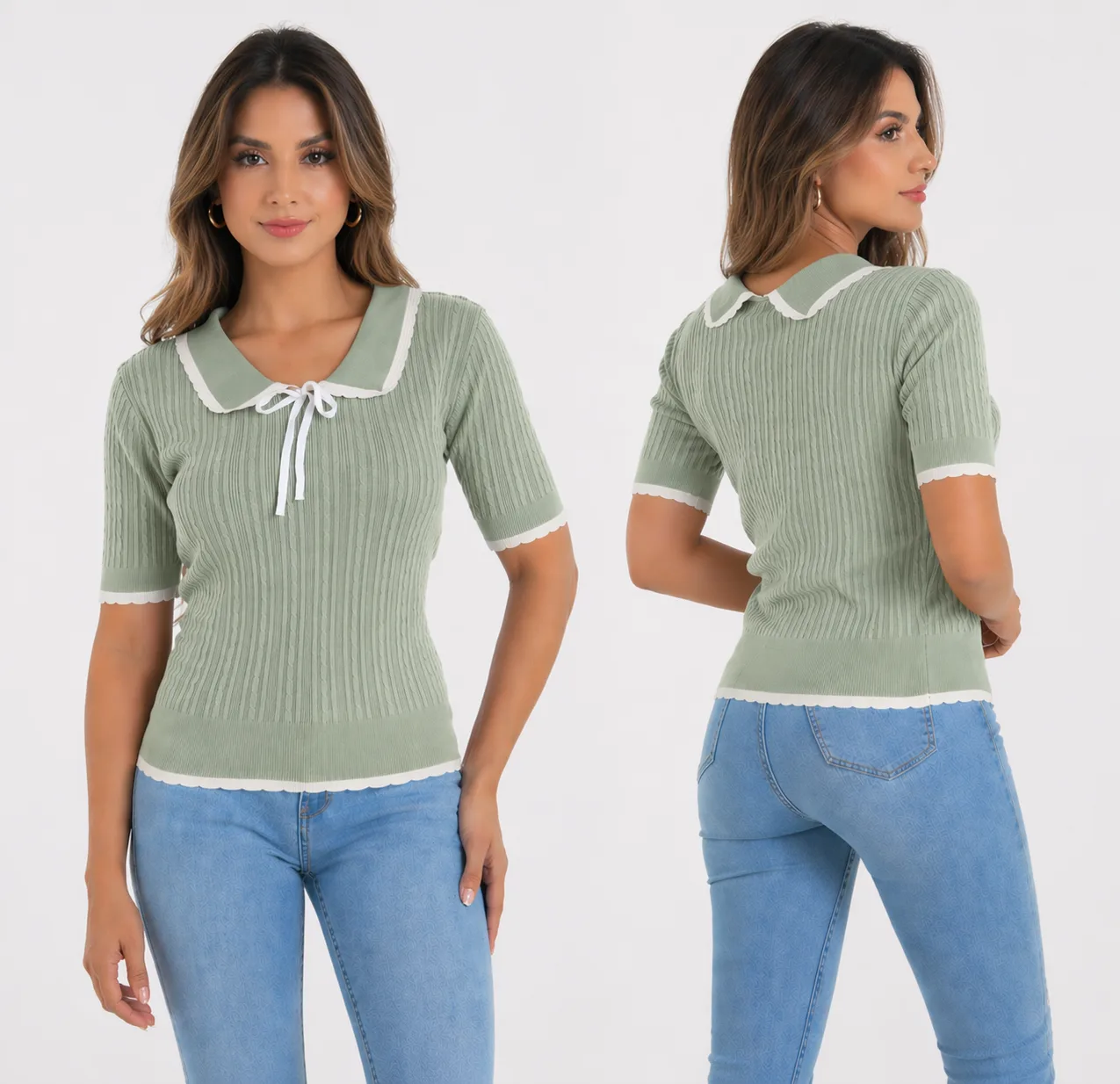 Blusa tejida cuello Peter Pan con lazo